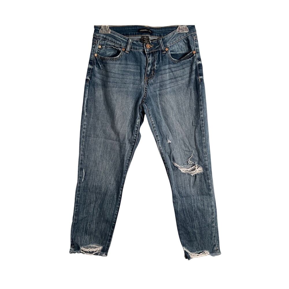Sincerely Jules Jeans Womens 7 Blue Straight Relaxed Mid Rise Raw Hem Distressed